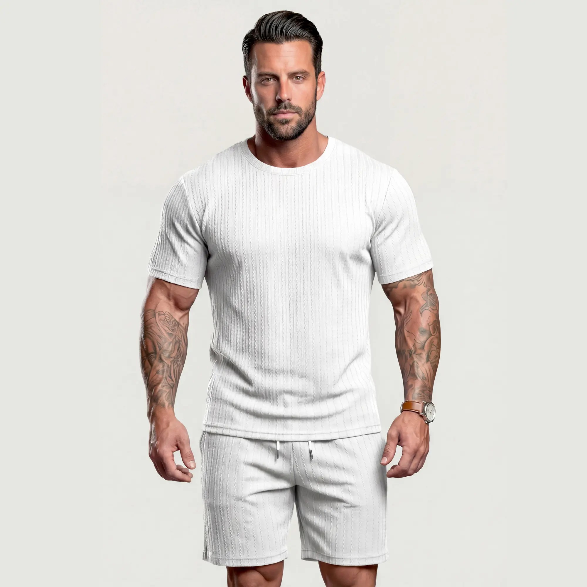 Men's Solid Textured Drop Shoulder Short Sleeve Tee & Drawstring Waist Shorts Set