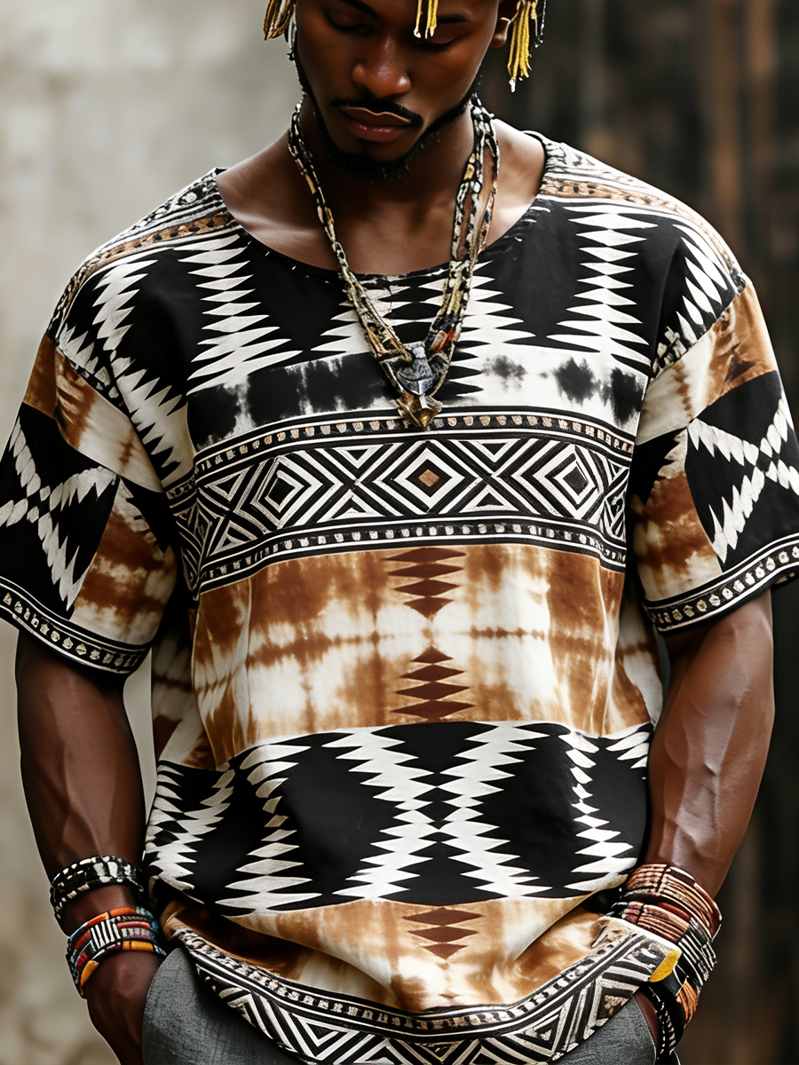 African Art Pattern Design Print Casual Cotton & Linen T-Shirt