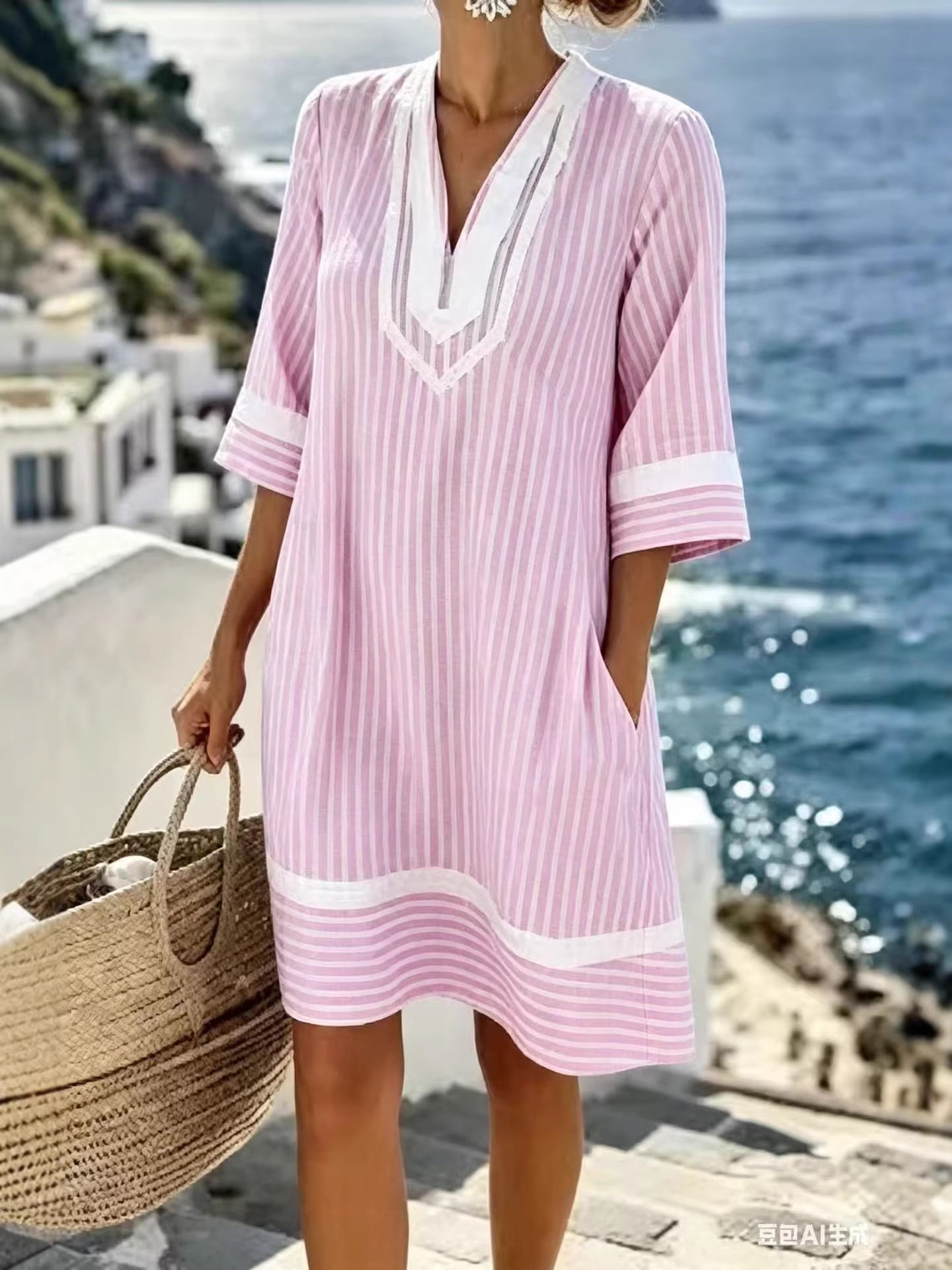 V-Neck Short Sleeve Striped Dress