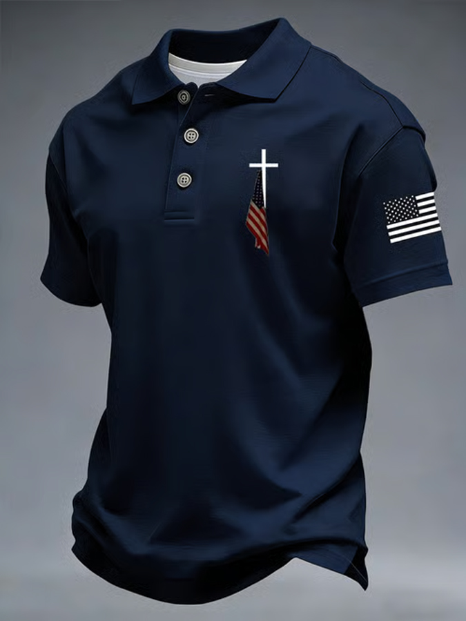 Men'S Flag Cross Printed Polo Shirt