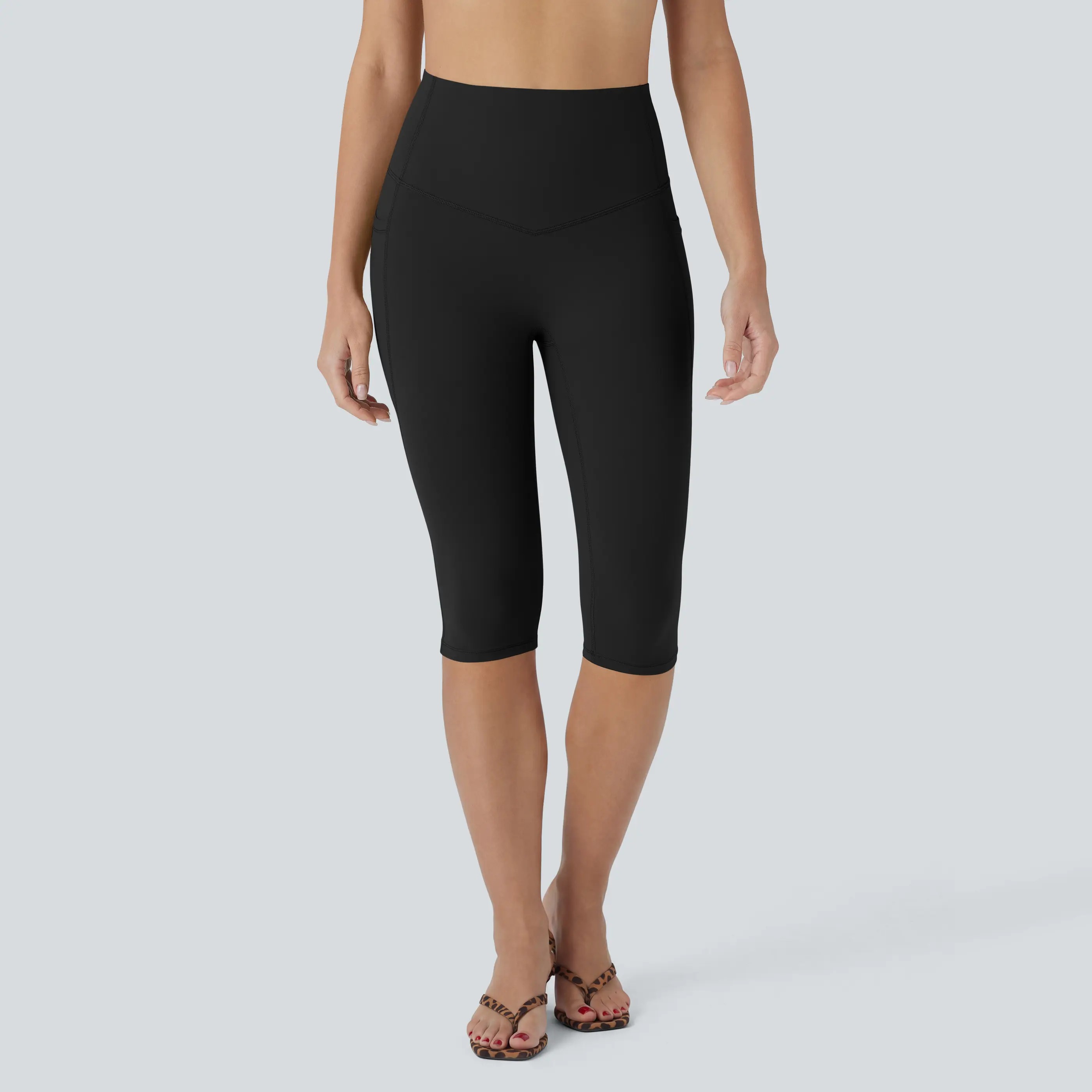 Women’s High Waisted Tummy Control Shaping Capri Leggings with Side Pockets