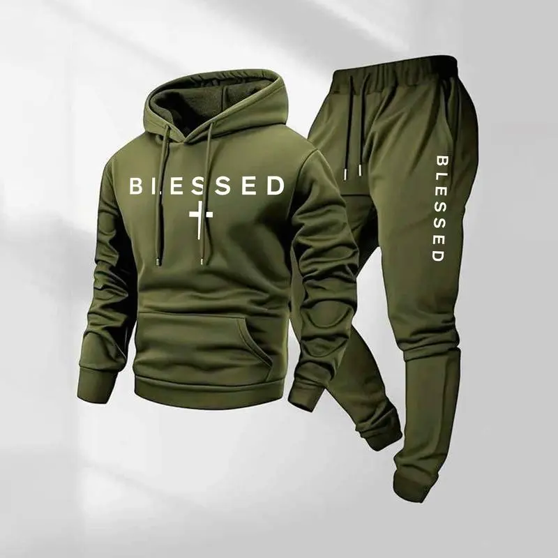 Unisex Cross Letter Print Hoodie & Drawstring Sweatpants Set