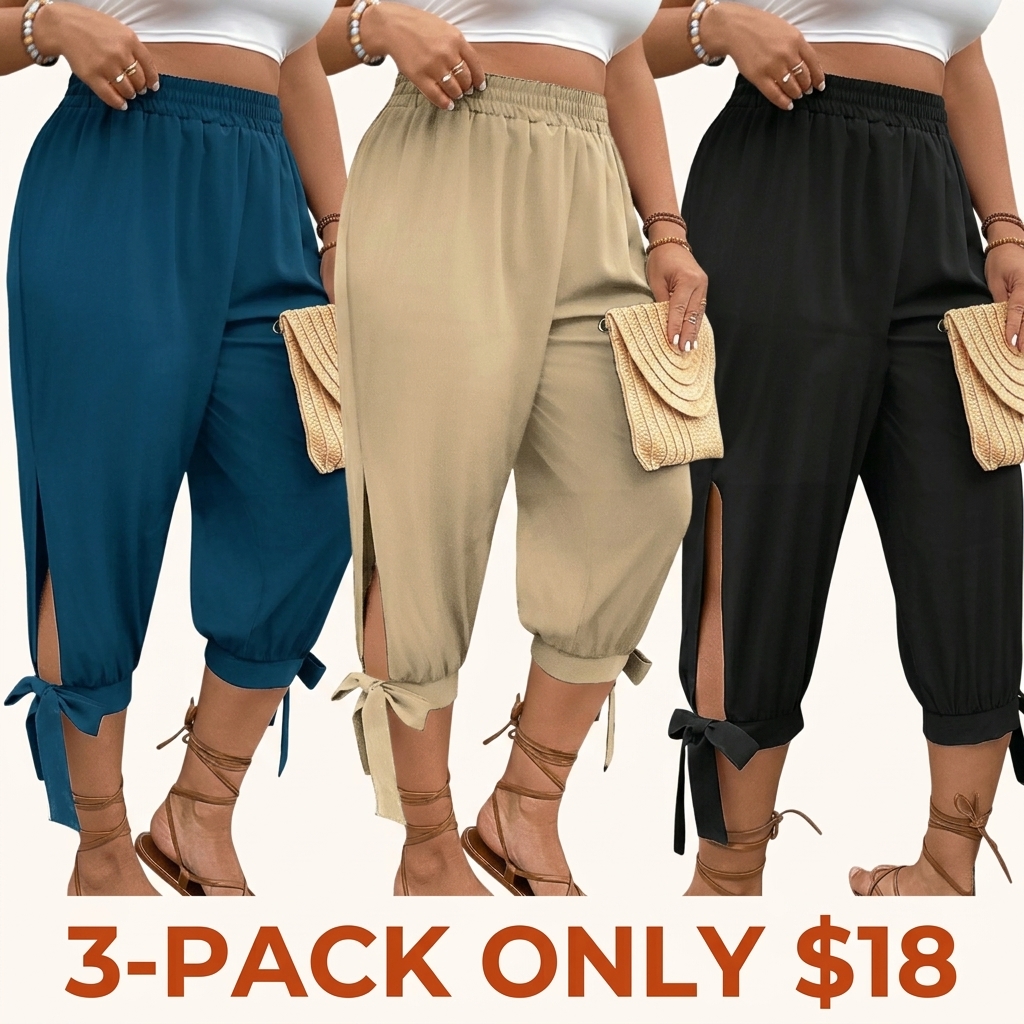 Plus-Size Solid-Color Cropped Pants — Commuter-Style Casual Trousers with Elastic Waist (Featuring Side Slits and Bow Details)