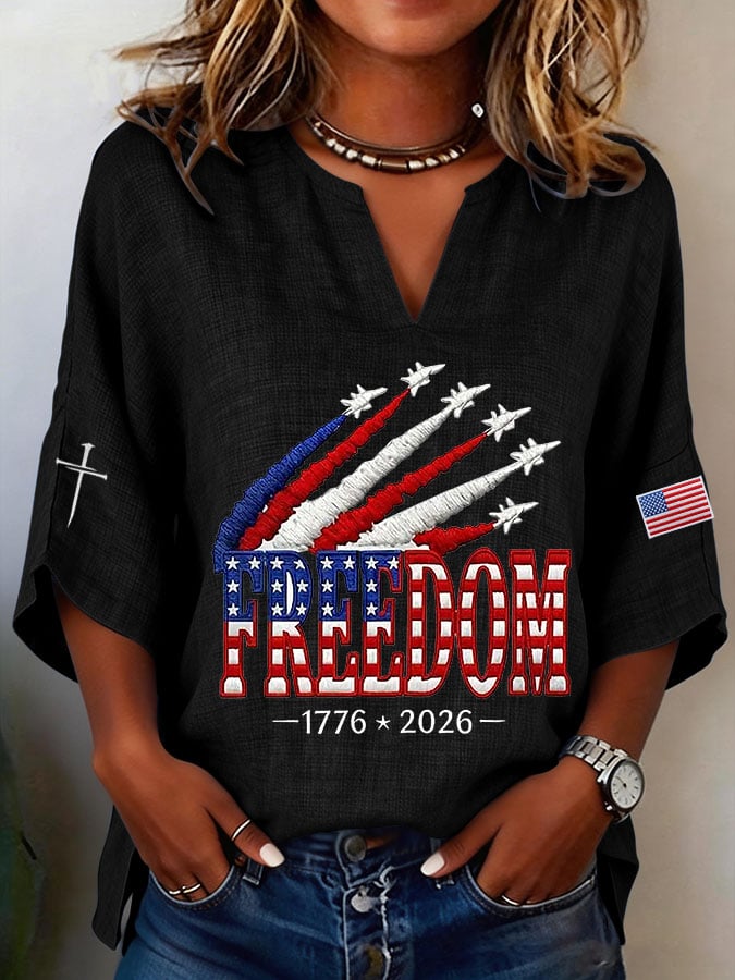 Women's Retro Freedom American Flag Cross Printed Casual Shirt