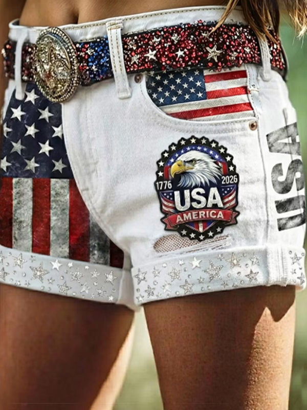 Women's USA Eagle Flag Rhinestone 1776‐2026 Star Art Print Casual Shorts