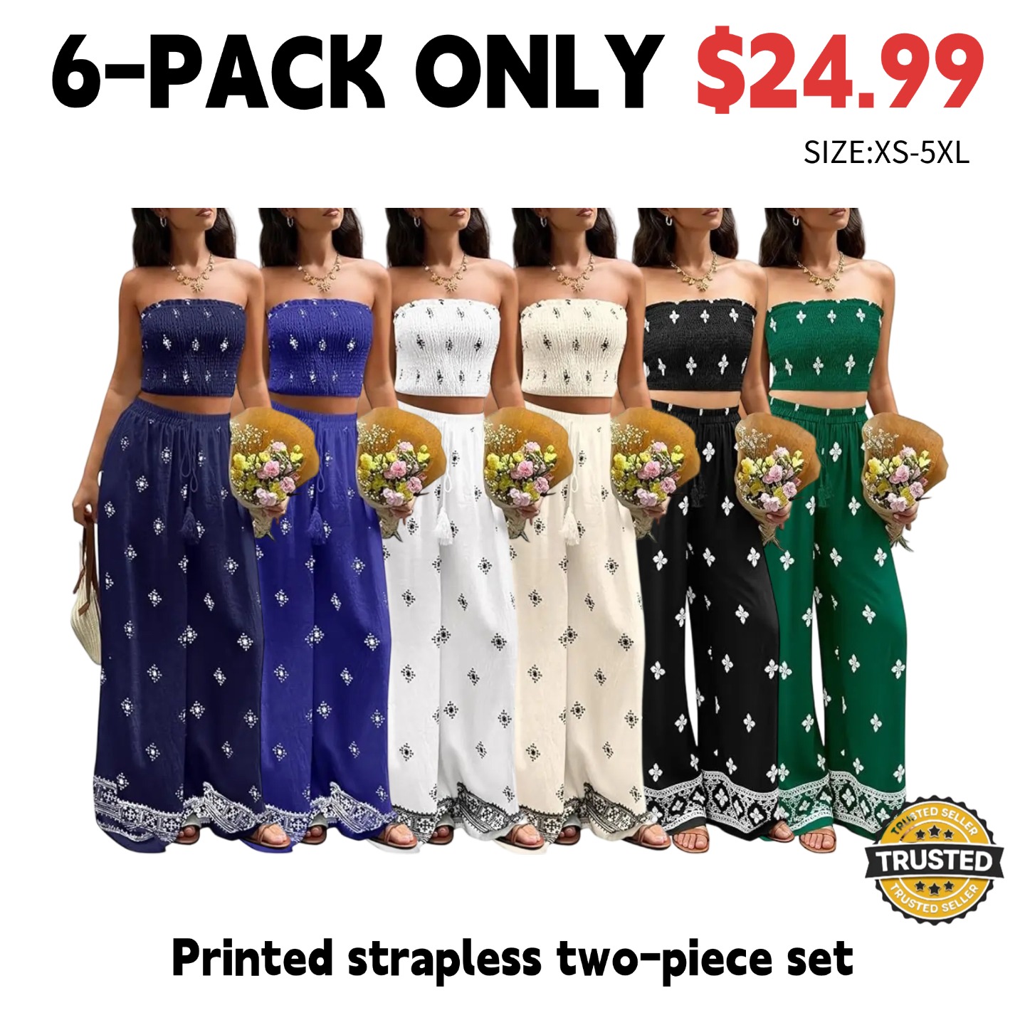 Women's Printed Bandeau Two-Piece Set – Beach Vacation Outfit (Bandeau Top + Trousers)