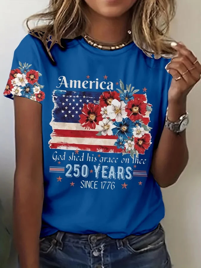 Ladies' Casual 250Th Anniversary Celebration Of The Founding Of The United States Floral Print Round Neck T-Shirt