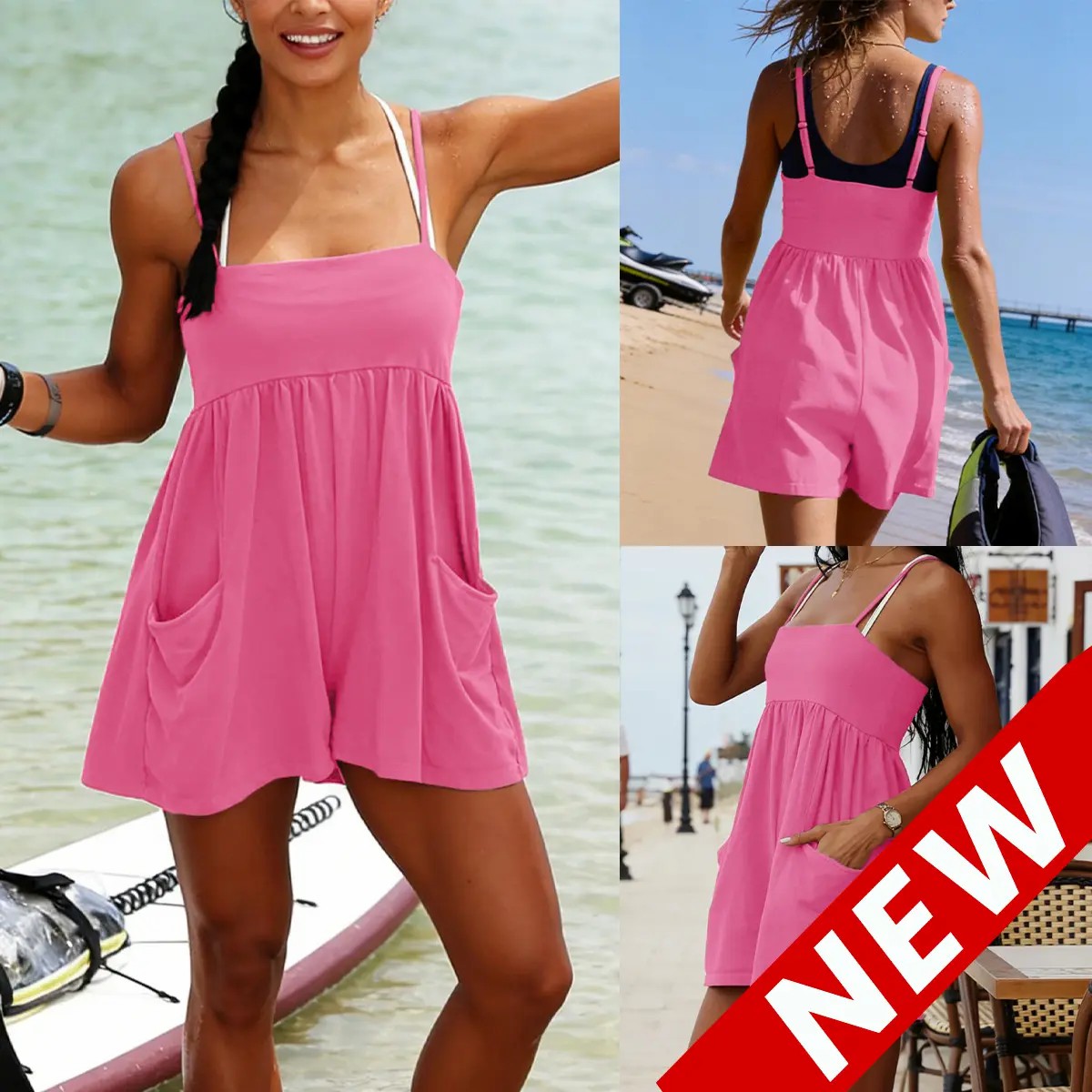 Women's Square Neck Backless Romper – Oversized Cotton Jumpsuit with Pockets & Adjustable Straps