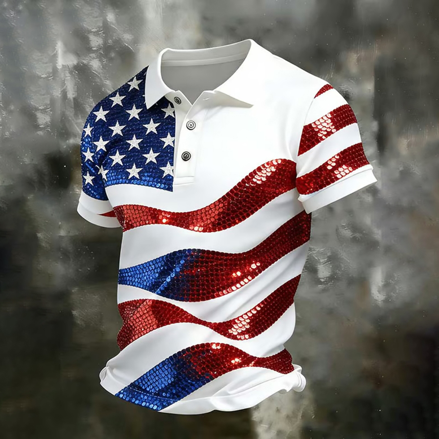 Men'S Casual American Flag Brick Inlaid Personalized Printed Short Sleeved Polo Shirt