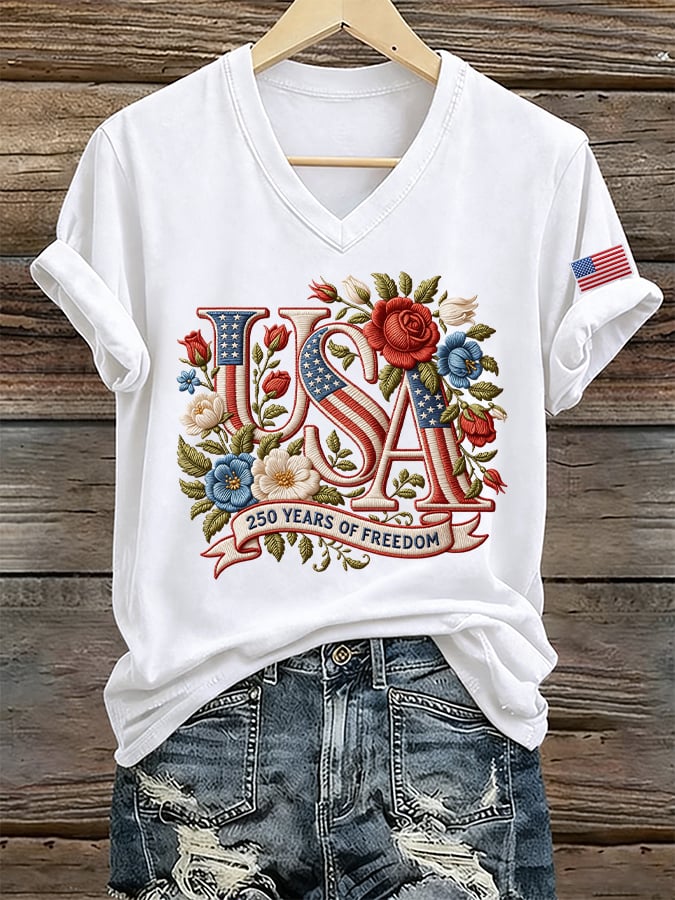 Women's 250 Years Of Freedom Print V Neck T-shirt