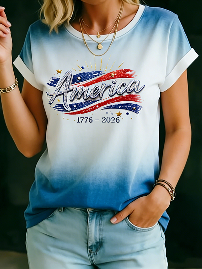 Ladies' Casual US National Day Flag Gradient Print Short Sleeved Round Neck T-Shirt