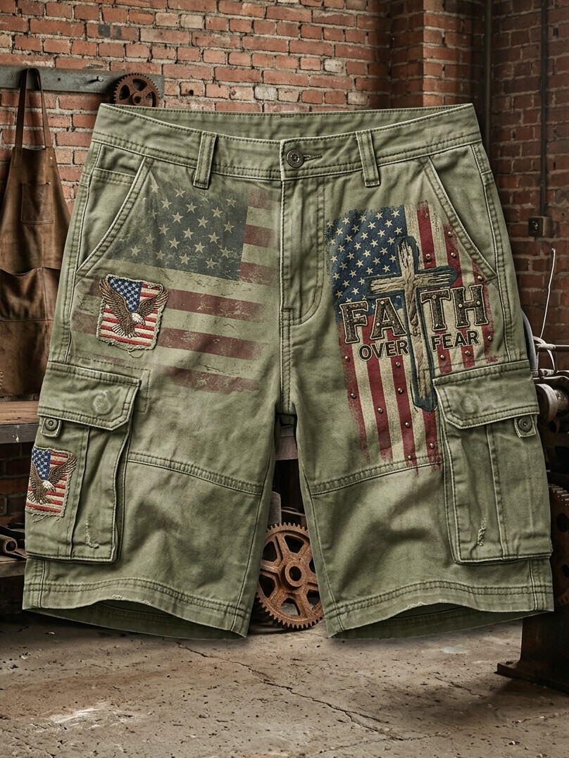 Men's Independence Day Retro American Flag Cross Print Cargo Shorts