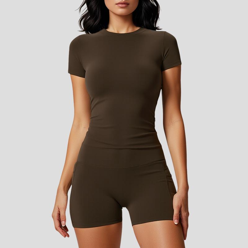 Women's two-piece set sports suit, round neck T-shirt and high waist shorts with pockets