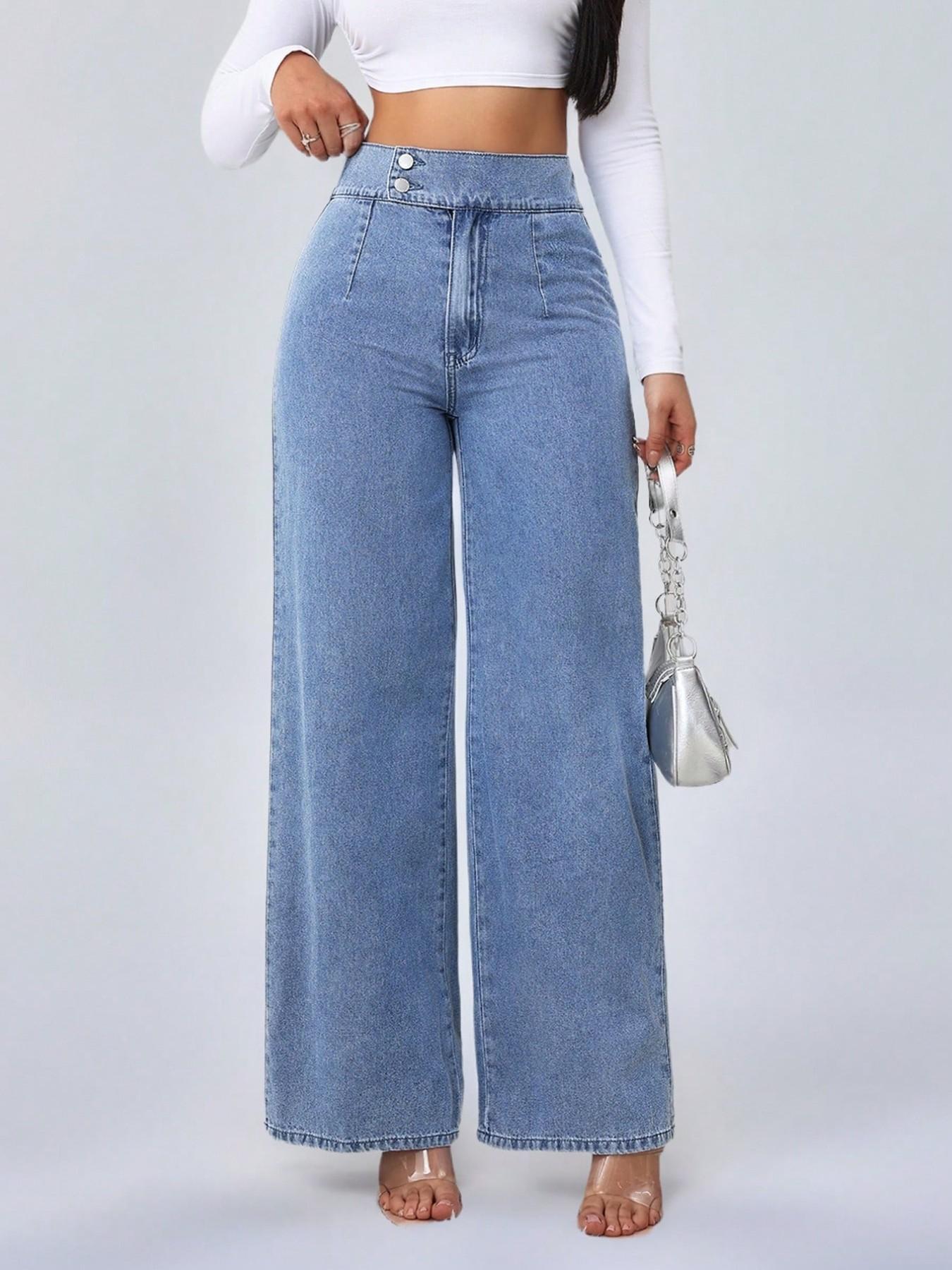 Women's Vintage-Elegant High-Waisted Wide-Leg Light-Wash Jeans