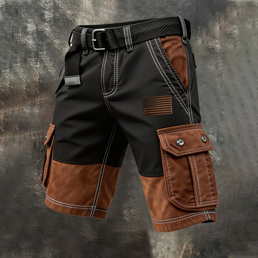 Men'S Retro Color Blocked Vintage Patriotic Style Workwear Shorts With Pockets