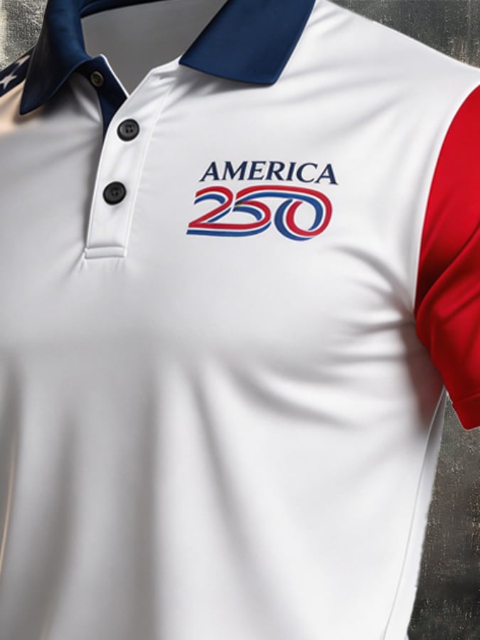 Men's Retro Patriotic Color-Block Short-Sleeve Polo Shirt
