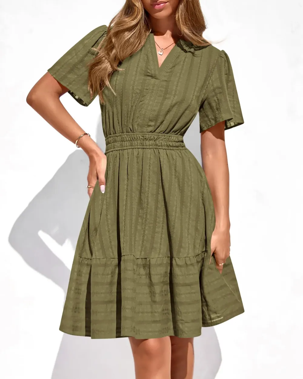8-pack $24🔥Women's V-Neck Elastic Waist Mini Dress with Pockets💝