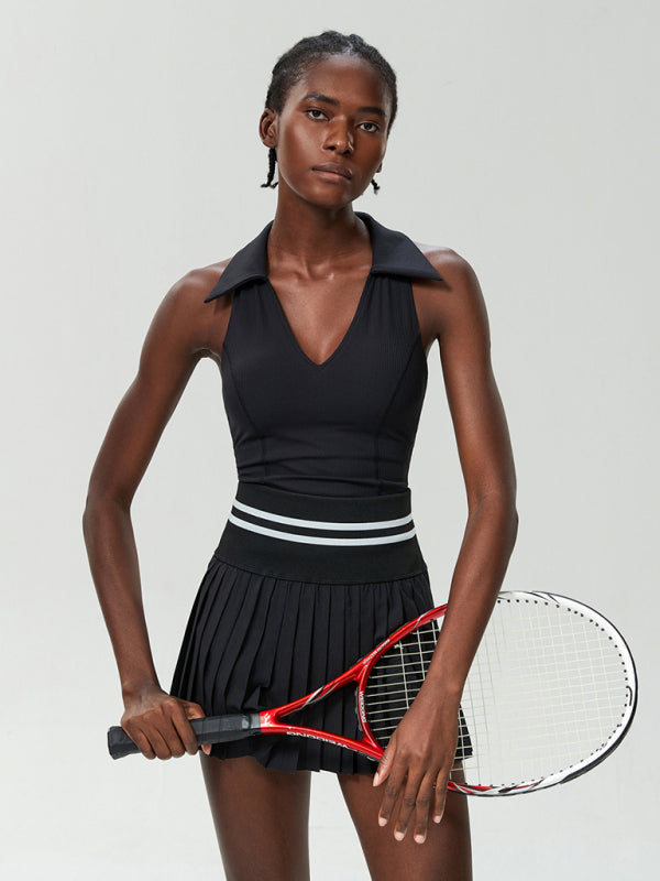 Sports Fitness Tennis Skirt Suit Women's Anti-Light Quick Drying V-Neck Yoga Suit Two-Piece Suit With Chest Pad