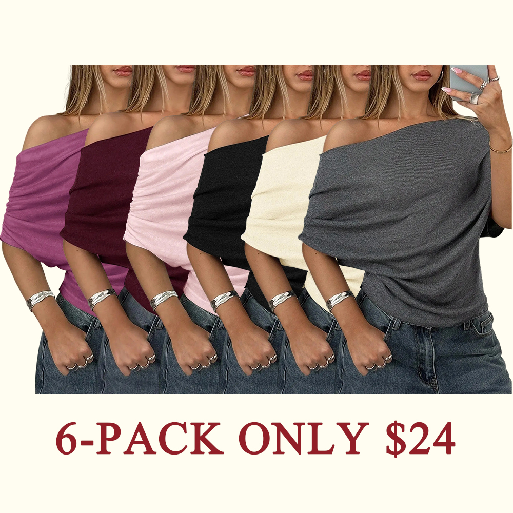 Women's Plain Asymmetrical Shoulder Batwing Sleeve Knit T-Shirt