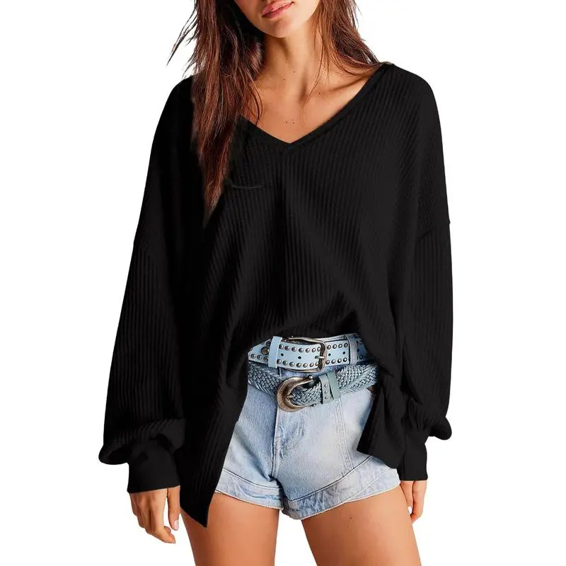 Women's Waffle Knit V-Neck Top