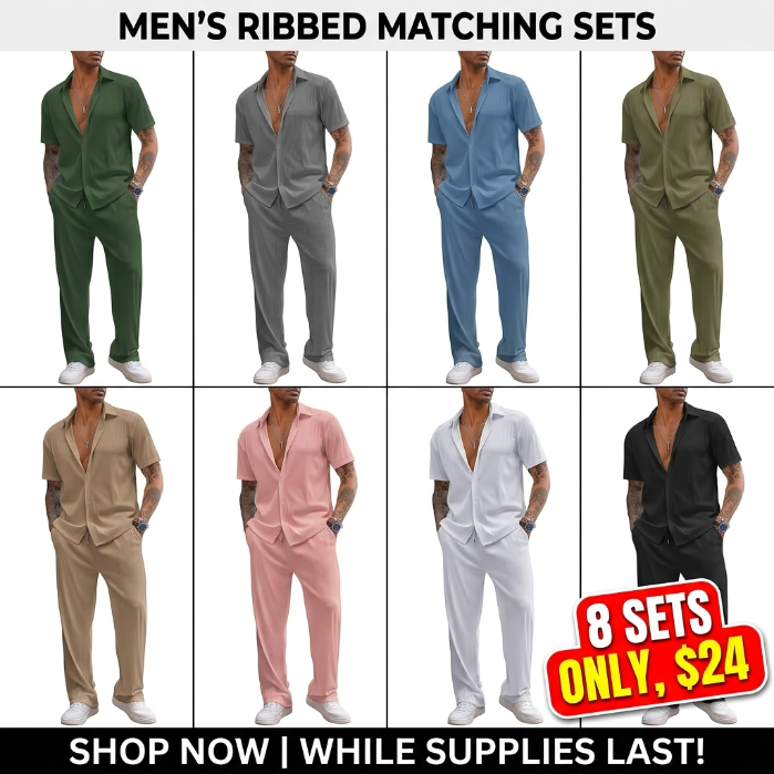 Men's 2 Piece Outfit Casual Short Sleeve Button Down Shirt Beach Summer Loose Pant Sets