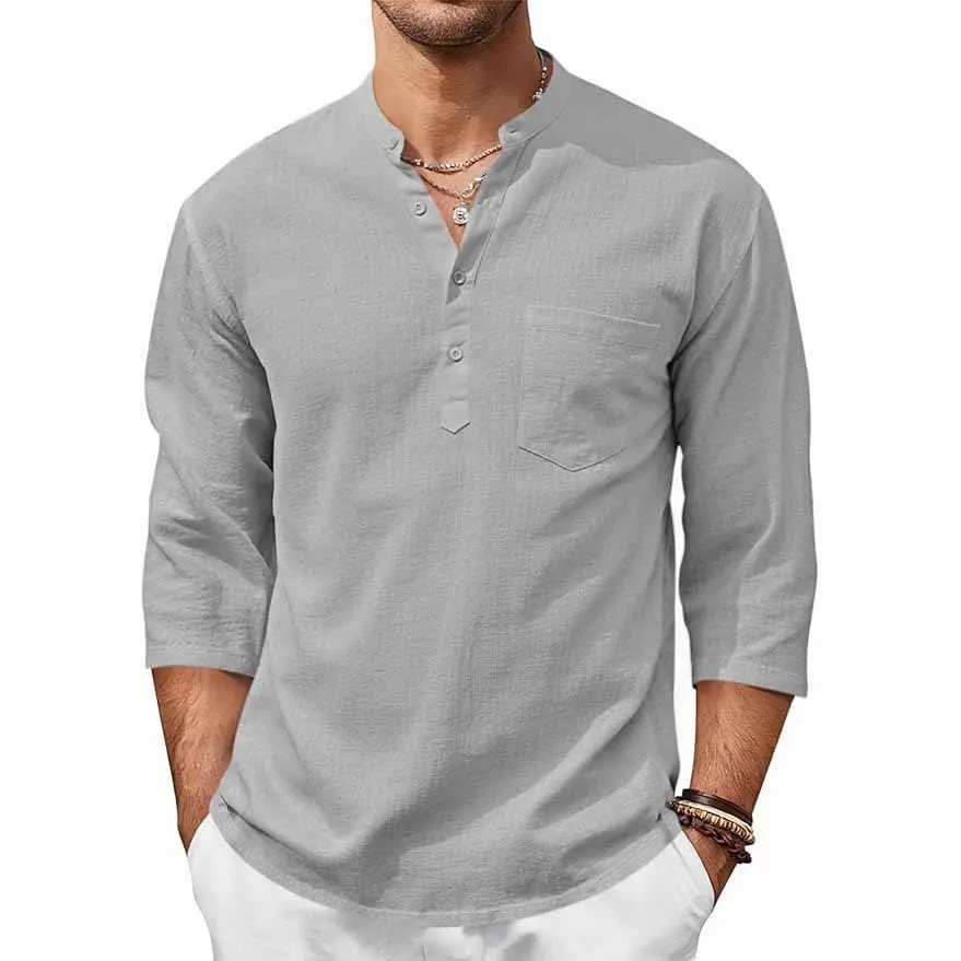 🌴🌴  Men's Coastal Henley Linen Blend Shirt – 3/4 Sleeve Summer Essential
