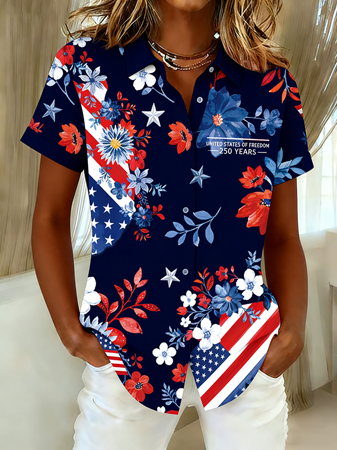 Ladies' Casual Commemorative American Flag Floral Collar Short Sleeved Shirt