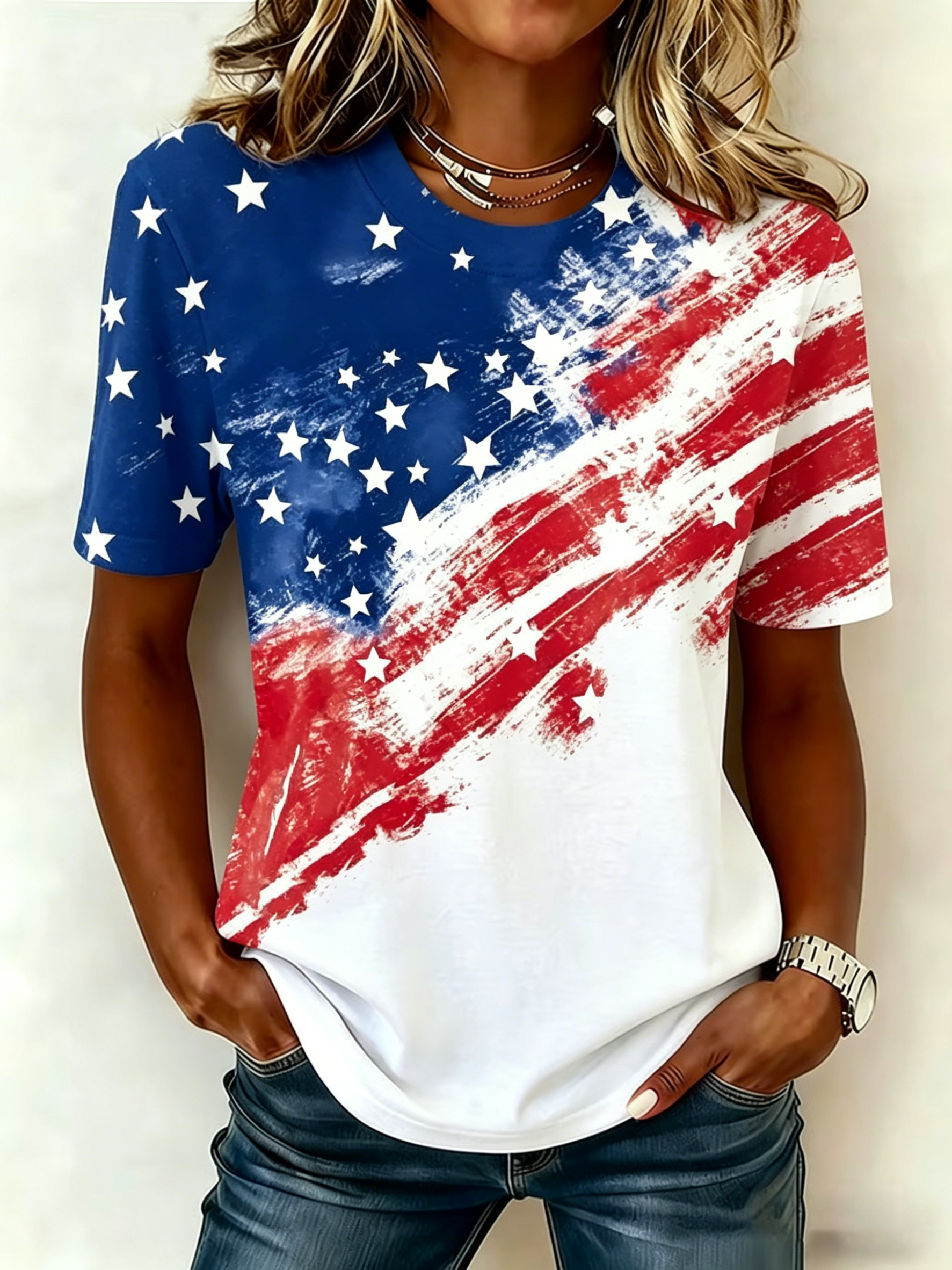 Ladies' Casual American Flag Personalized Printed Round Neck T-Shirt