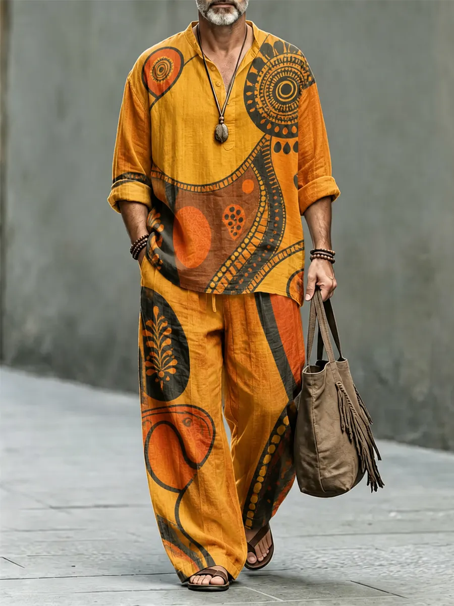 Men's Retro Abstract Geometric Art Print Casual Set