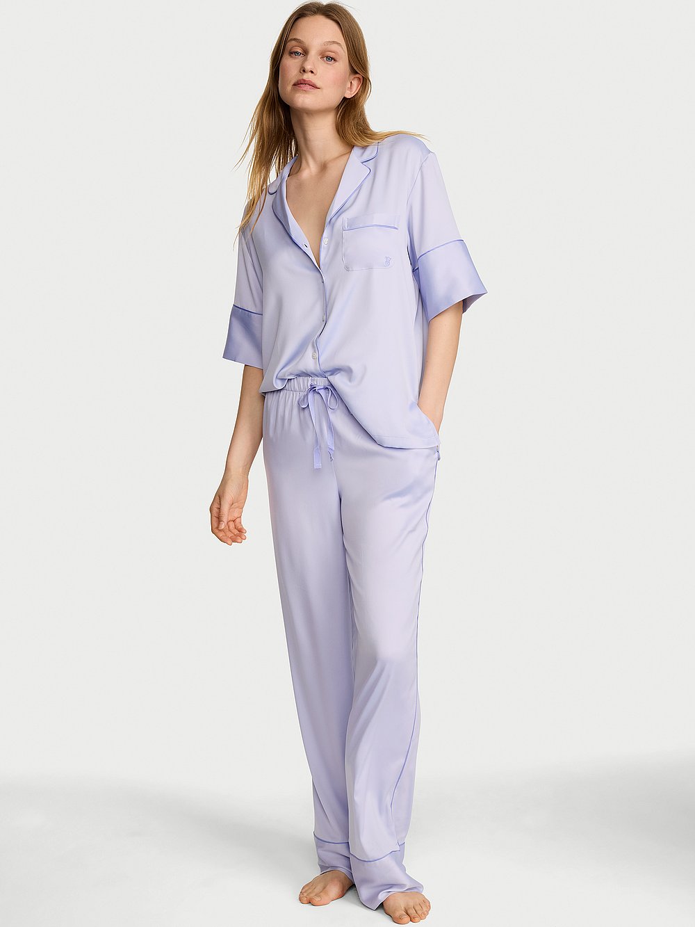 Signature Satin Short-Sleeve Long Pajama Set  Icy Lavender