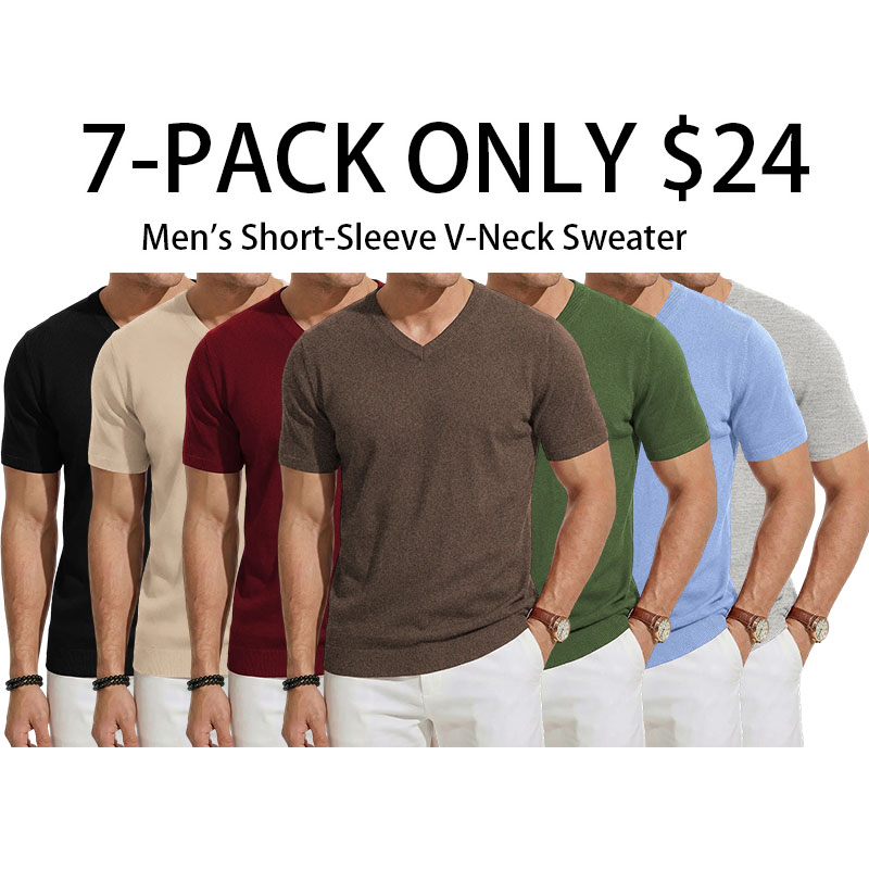 Men's Wool Blend Short Sleeve V-Neck Sweater Soft Textured Knit Pullover for Business Casual Wear