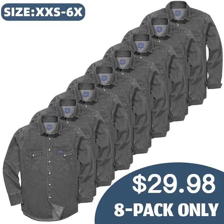 🔥🔥16-PACK-$38.8🔥Men's Long Sleeve Stone-Washed and Pre-Washed Denim Work Shirt