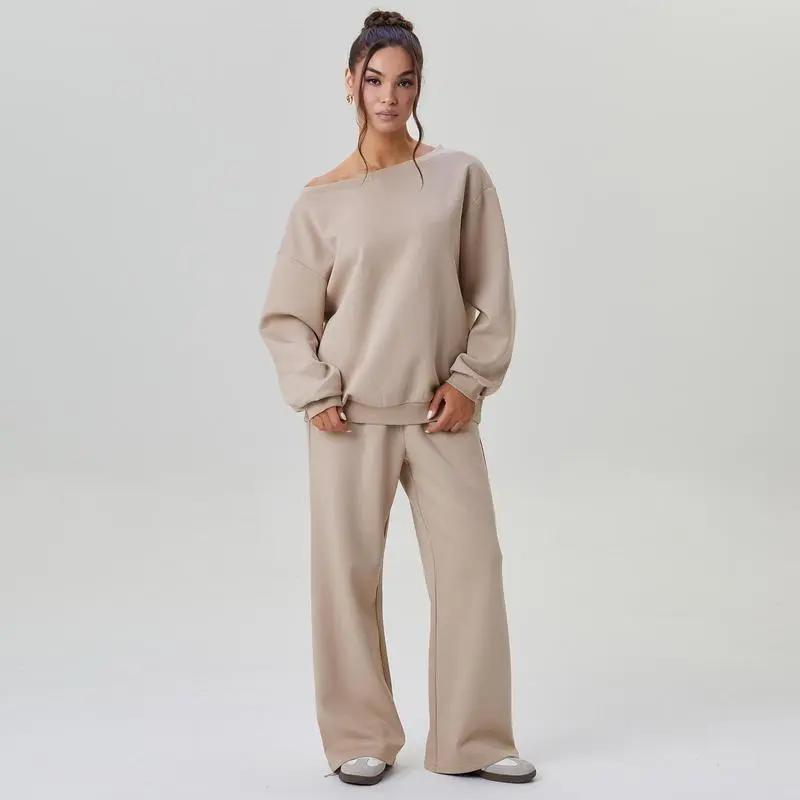 🔥8-PACKS 🔥Women's Leisure Solid Color Sloping Shoulder Long Sleeve Top & Wide Leg Trousers