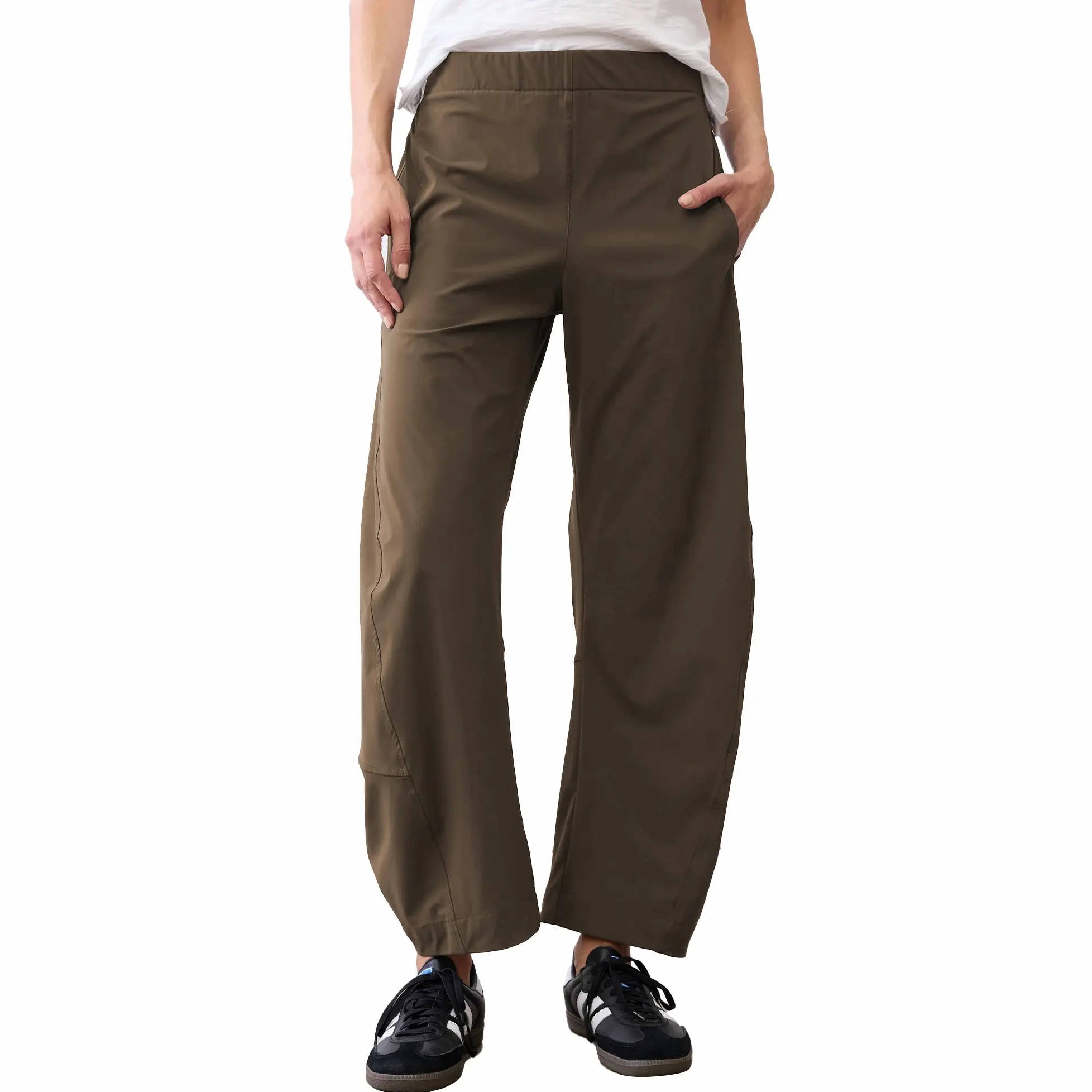 Women's Barrel Travel Pants – Elastic Waistband, Tapered Leg, Baggy Mid Rise Trousers with Pockets