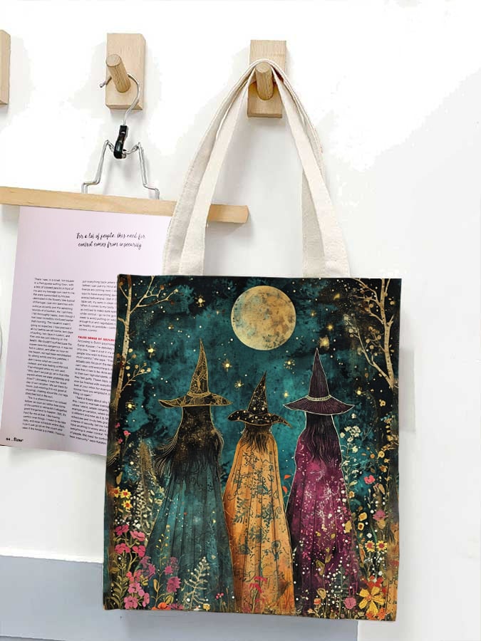 Witch And Flowers Under The Full Moon Art Print Canvas Bag