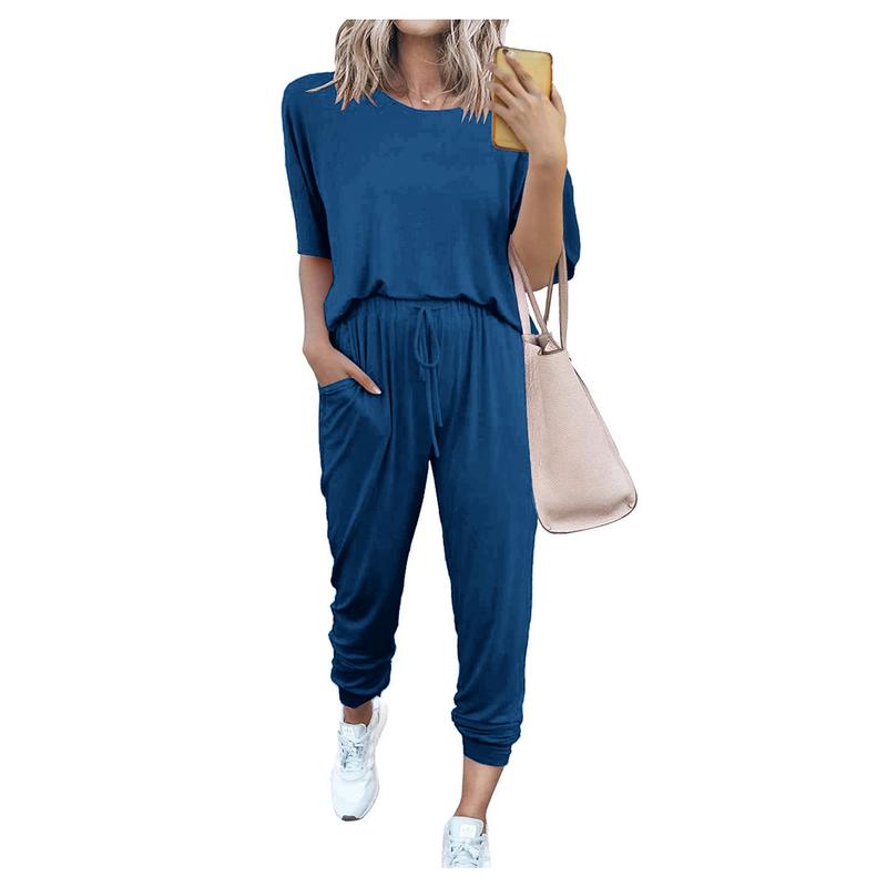 Women's 2-Piece Set Summer Outfits Crew Neck Short Sleeve Tracksuit Jogger Set With Drawstring and Pockets Comfy Lounge Wear