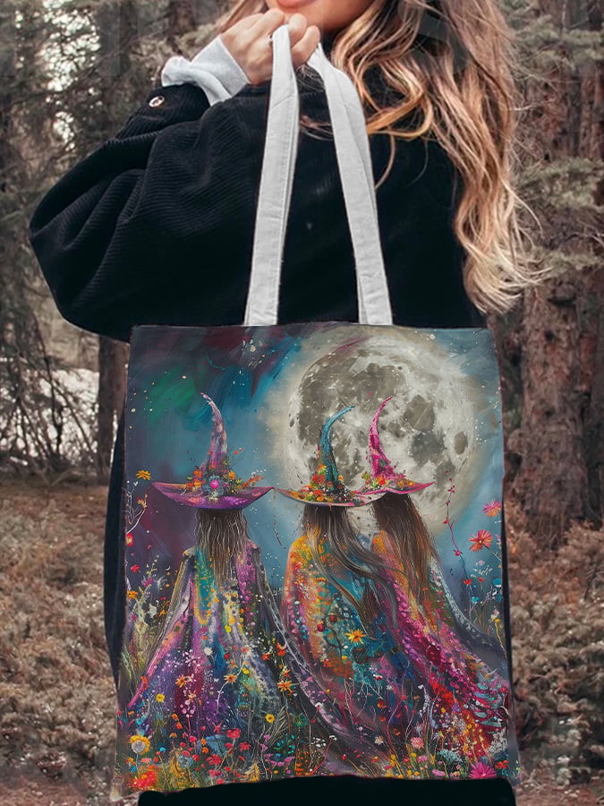 Witch And Flowers Under The Full Moon Art Print Canvas Bag