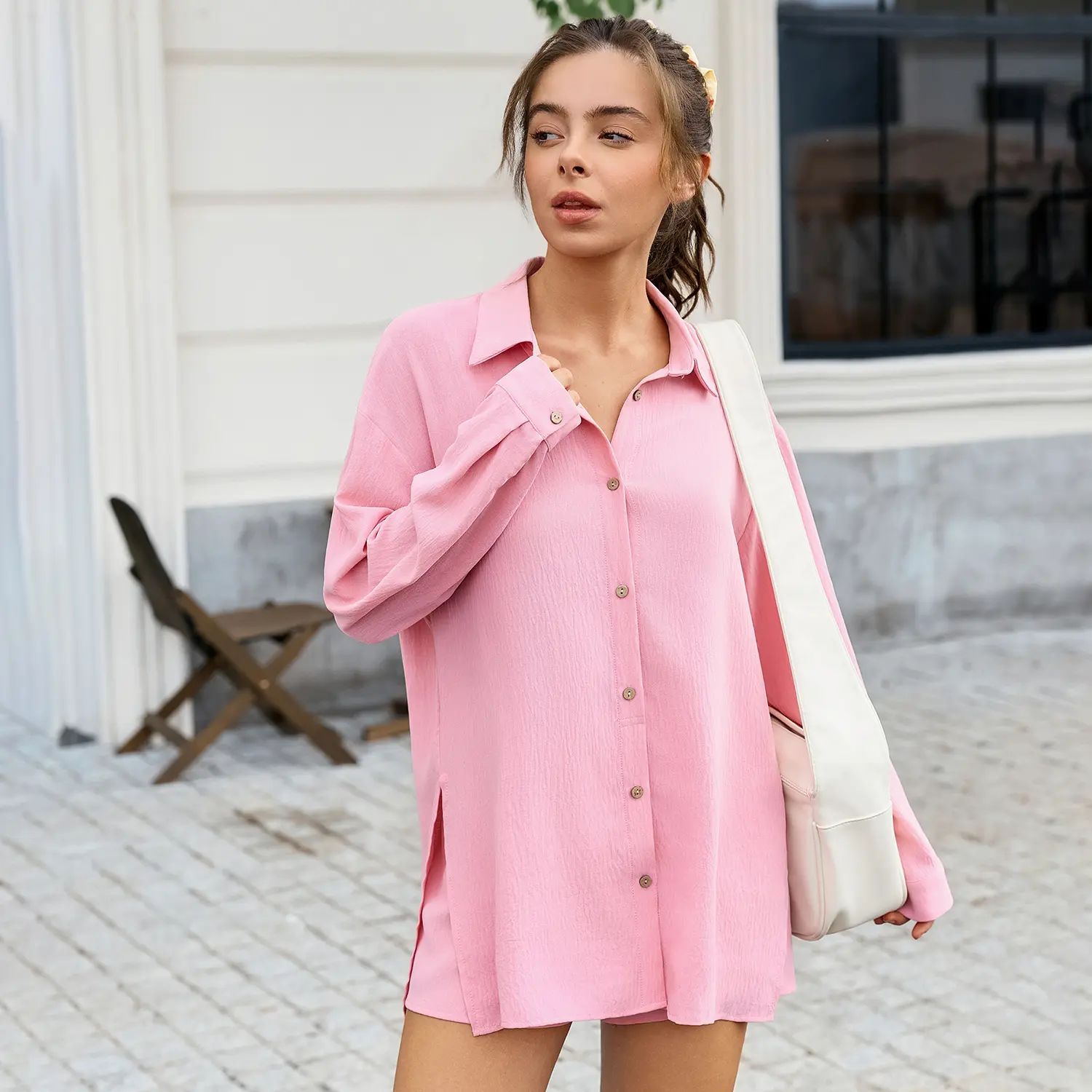 Womens Gauze Shirt & Shorts Set 2-in-1 Button Connected Oversized Long Sleeve Button-Down Top with Attachable Safety Shorts