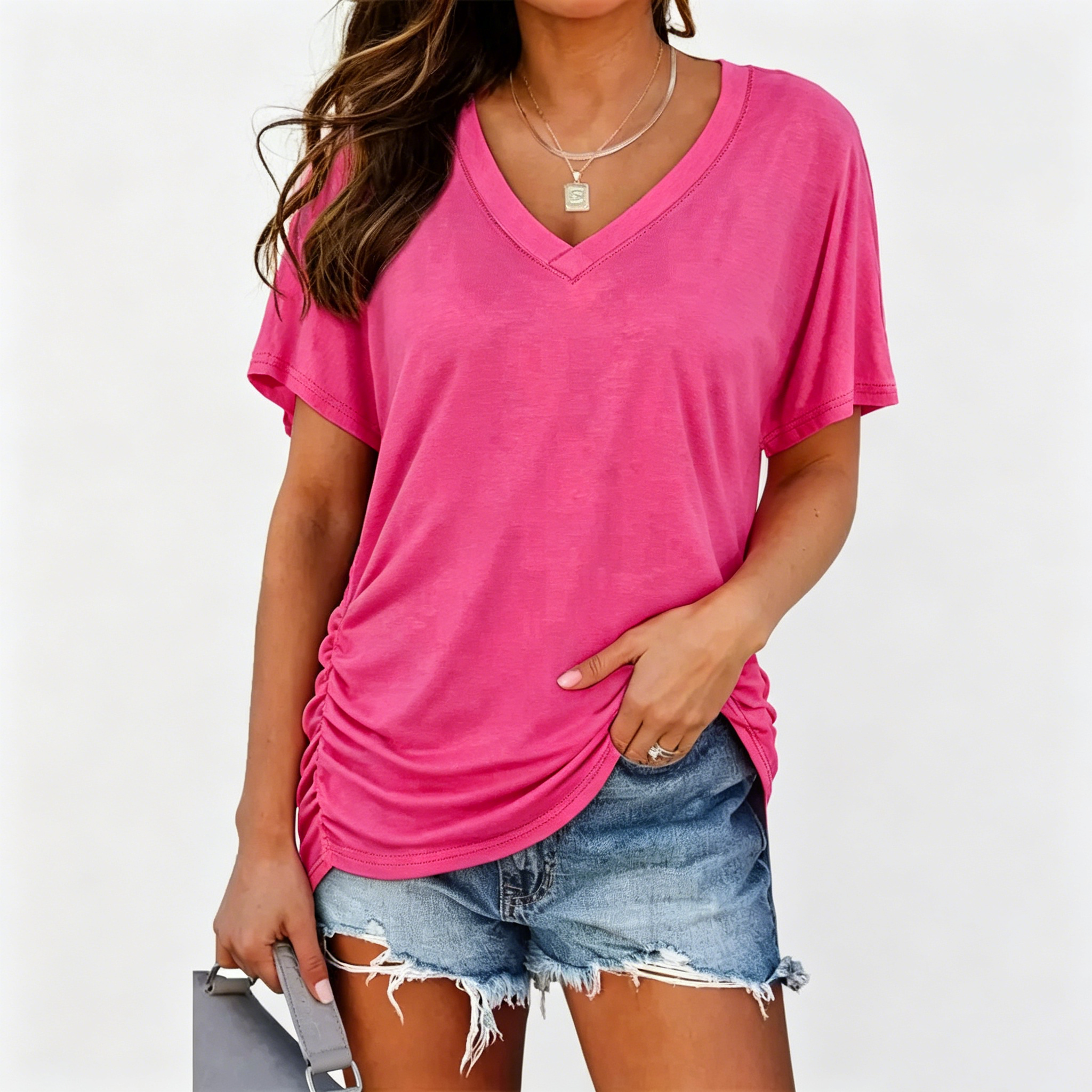 Womens Short Sleeve V Neck Dolman Tops with Side Shirring Loose Fit Shirts