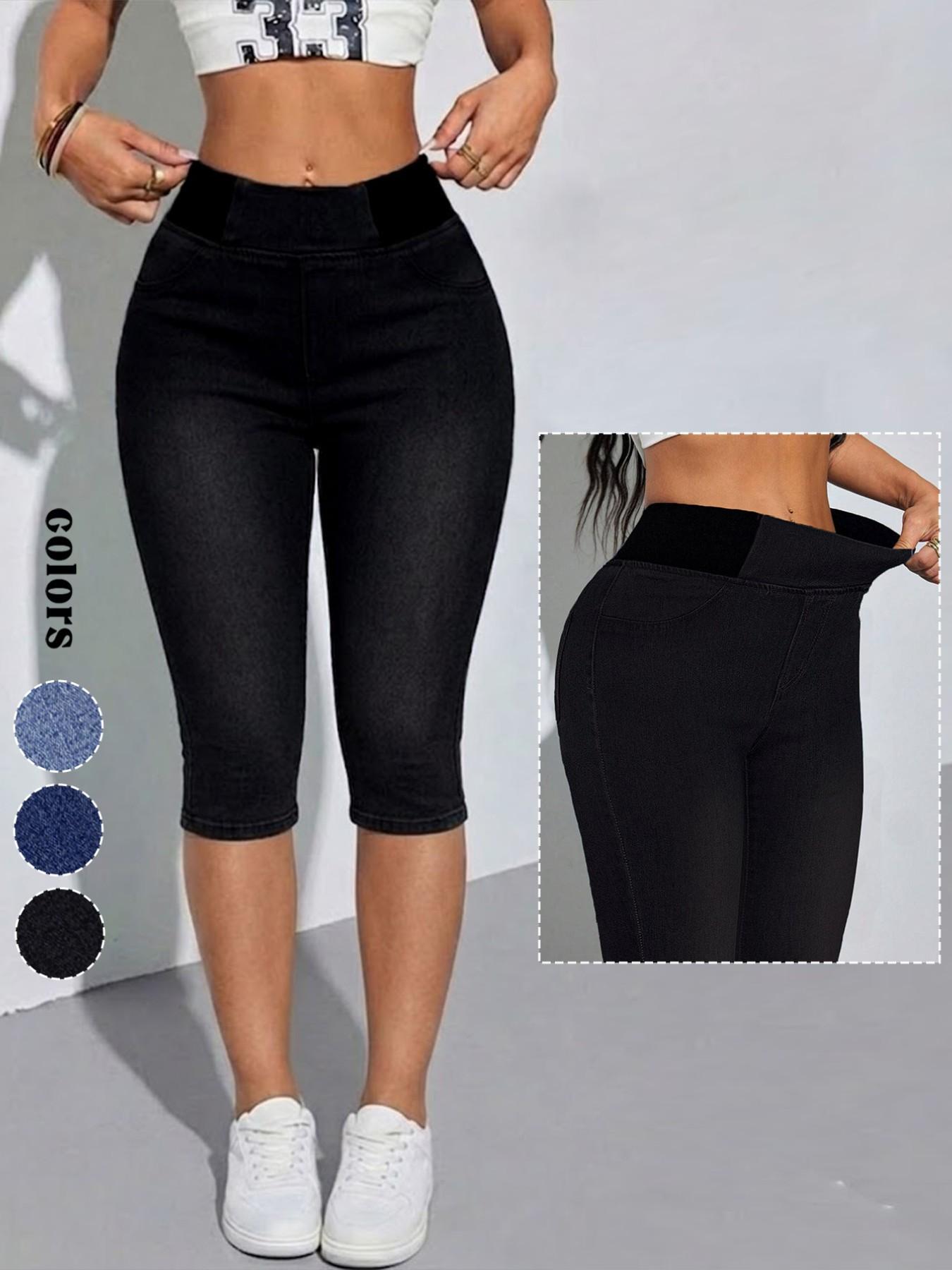 Women's Solid-Color Mid-Rise Stretch Denim Cropped Pants