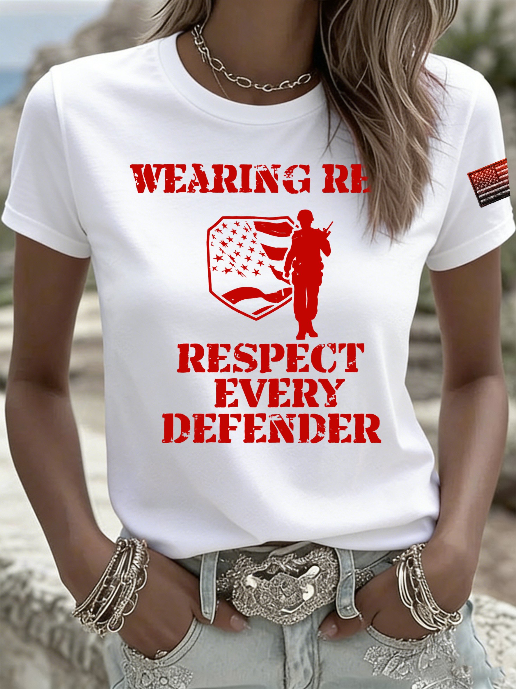 Women's Red Friday Print Casual Crew Neck Top