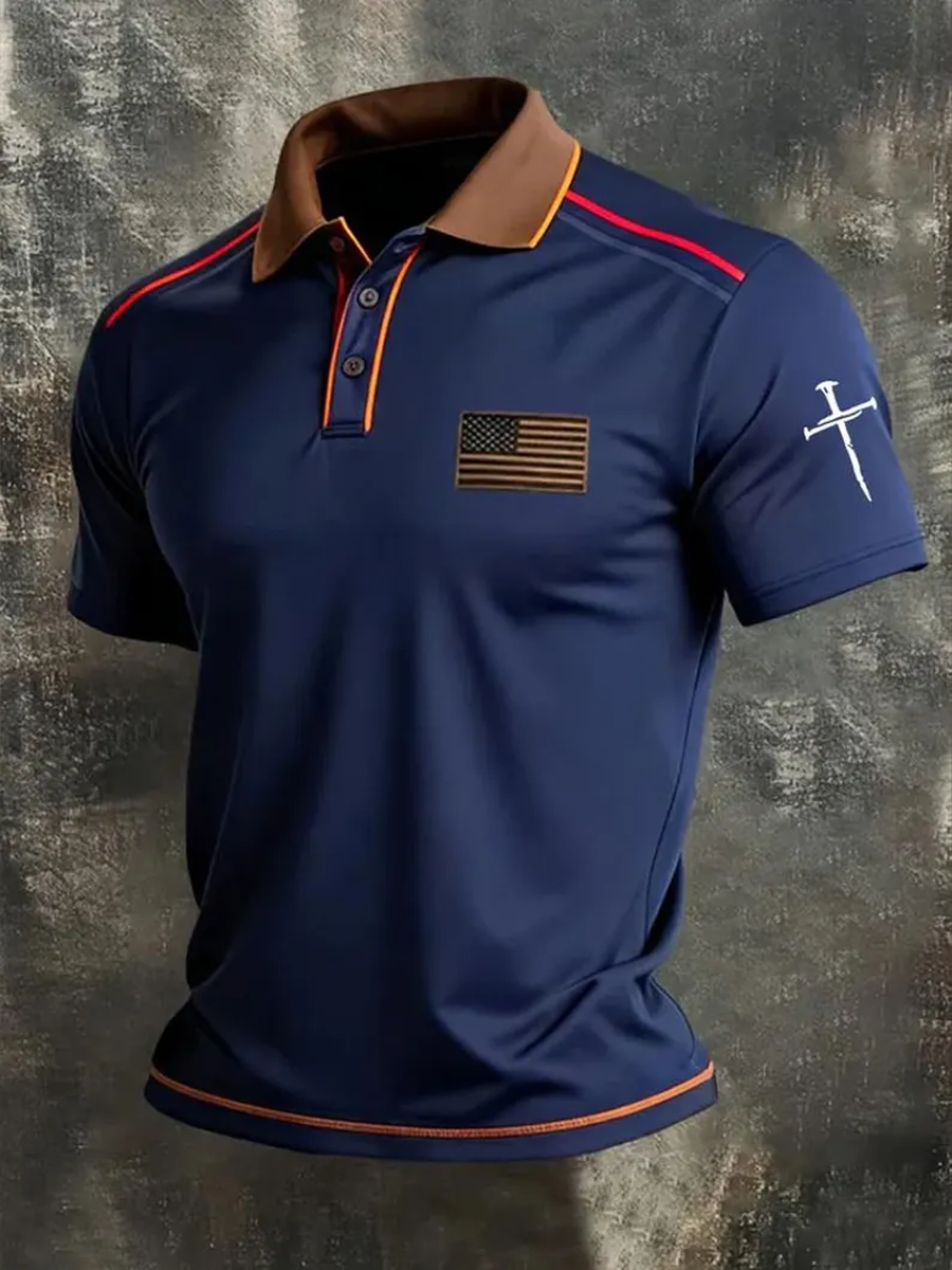 America 250 Patriotic Shirt, Faith Cross And American Flag Print Polo Shirt, 4Th Of July Clothing, Patriotic Eagle Gifts For Dad