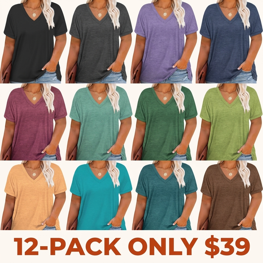 Women's Plus-Size V-Neck Short-Sleeve T-Shirt — Casual, Loose-Fit Summer Top — Soft, Breathable Basic Tee