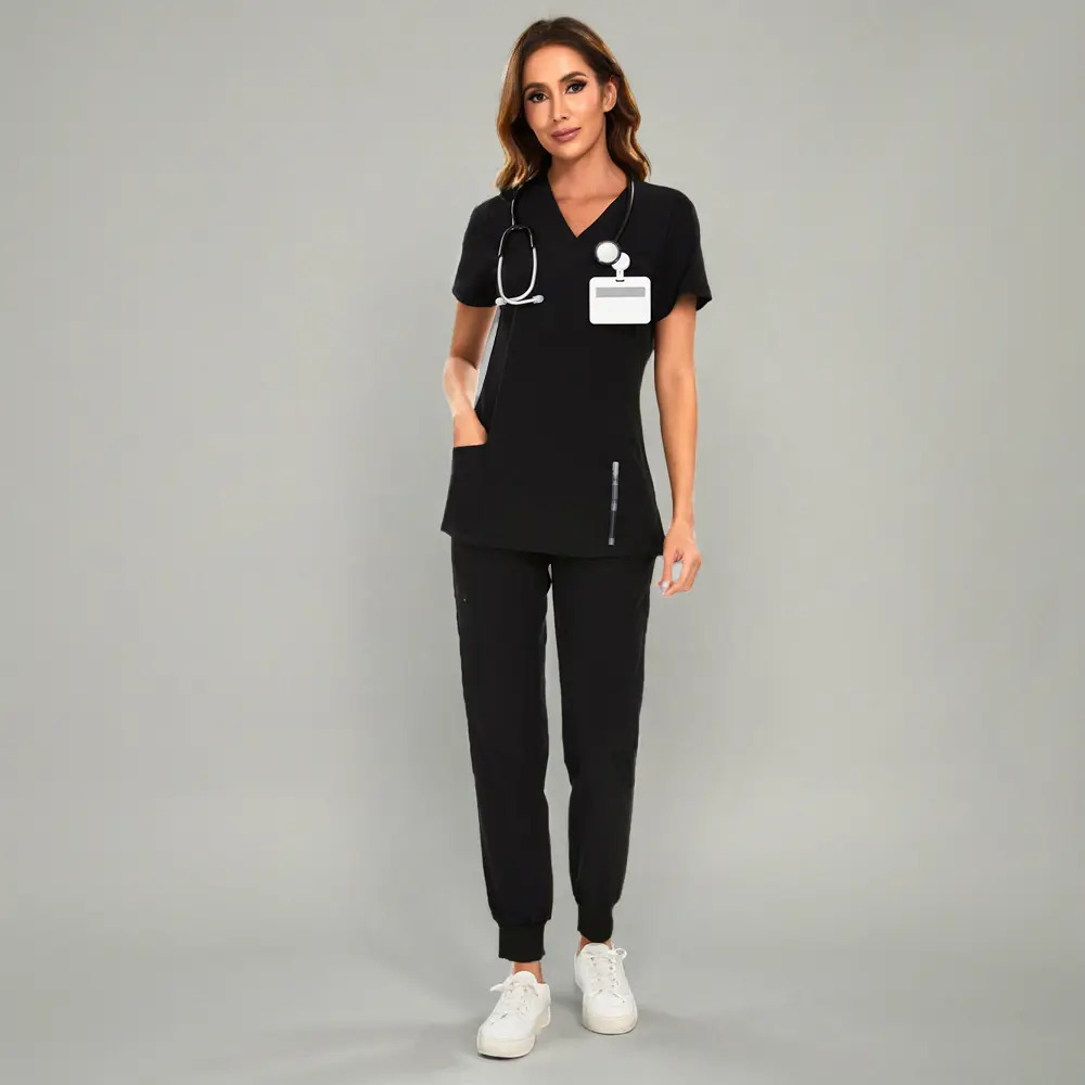 Women's Set — Stretch V-Neck Scrub Top and Jogger-Style Scrub Pants (8 Pockets)