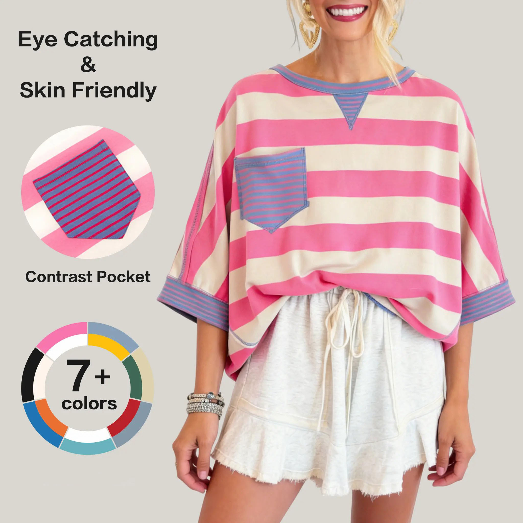 Women's Striped Drop Shoulder Cotton T-Shirt – Loose Fit Half Sleeve Pocket Blouse