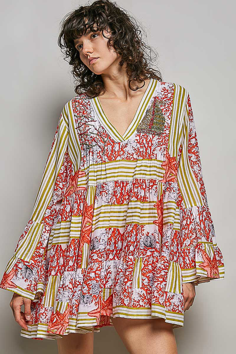 Pintuck Detail Striped Floral Long Sleeve Mini Dress