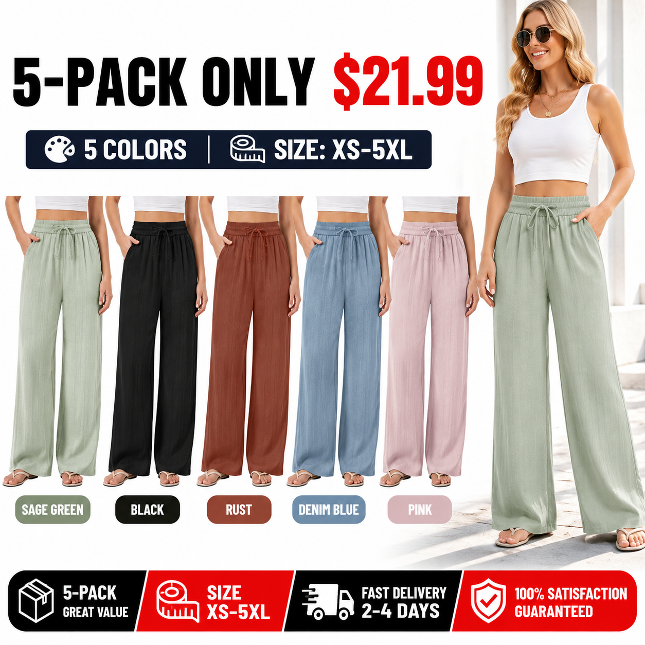 High Waisted Drawstring Pocket Wide Leg Casual Linen-Feel Pants