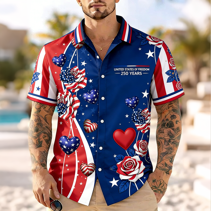 Men'S Casual American Flag Color Blocked Art Print Hawaiian Shirt