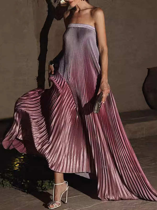 Elasticity Gradient Pleated A-Line Loose Tube Maxi Dresses Evening Dresses