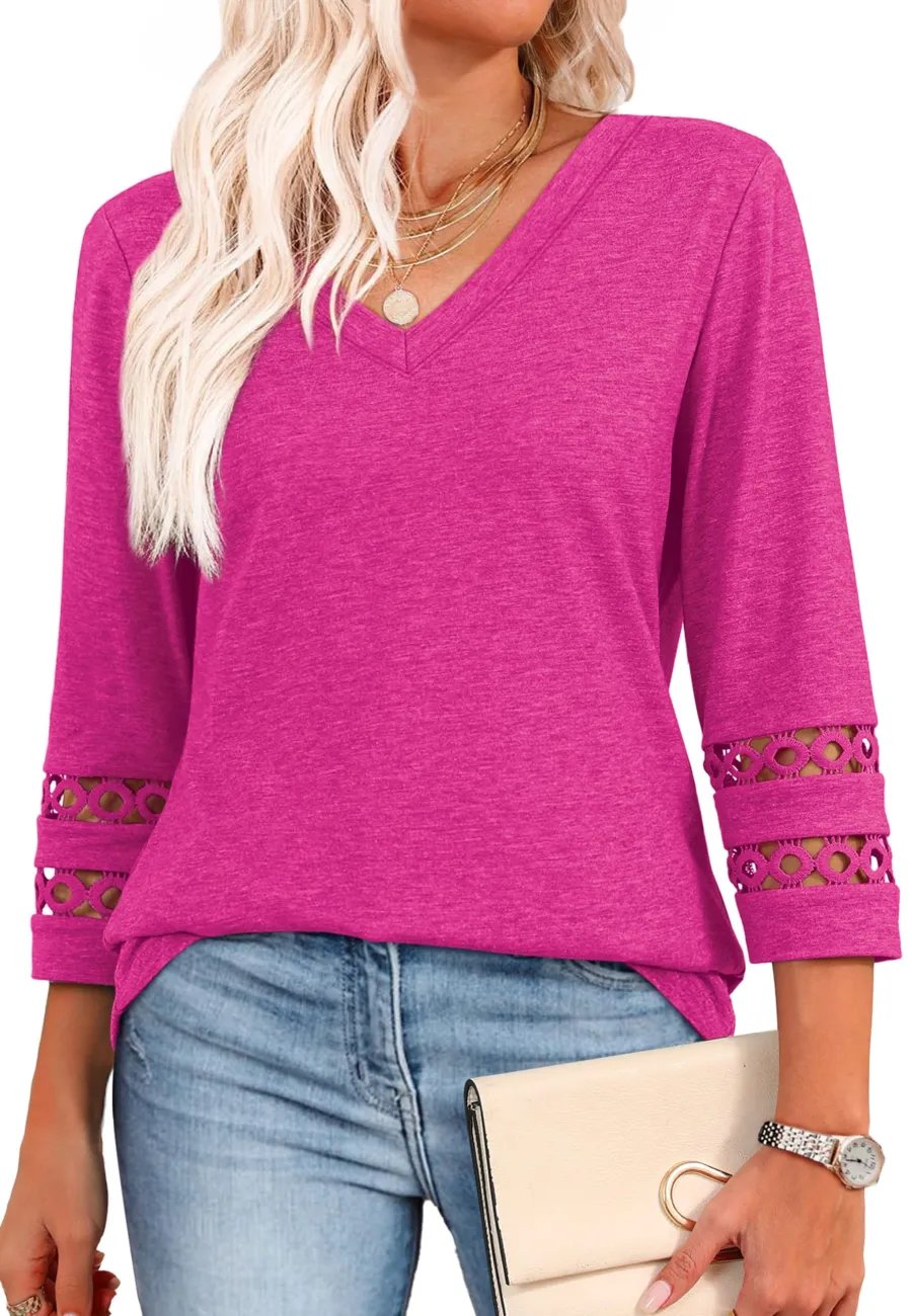 2025 New Womens 3/4 Length Sleeve Tops Trendy V Neck T Shirts